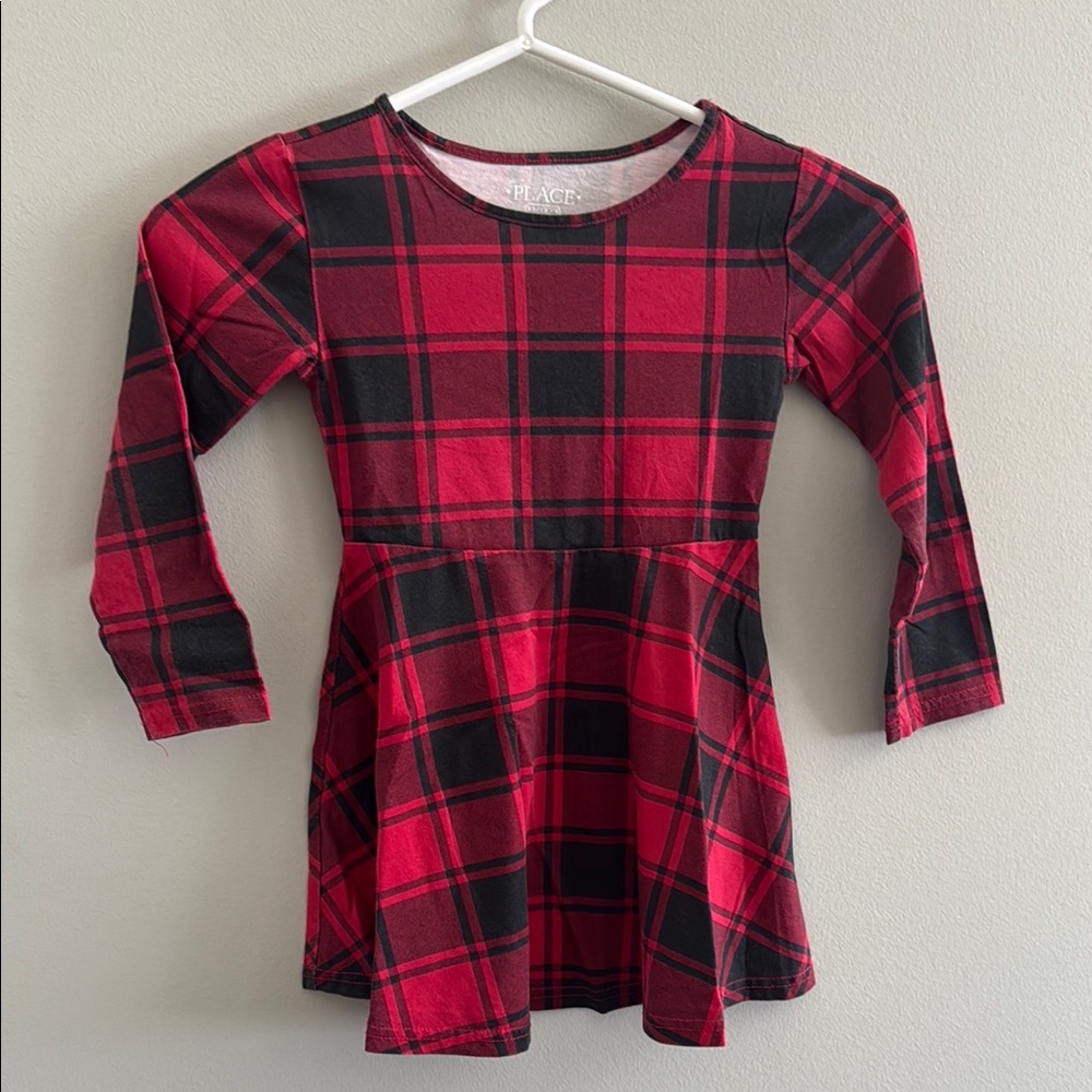 The Children's Place Red and Black Buffalo Plaid Long Sleeve Dress